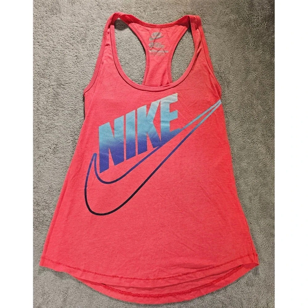 Nike Womens Loose Fit Racerback Tank Top Coral Pink Ombre Swoosh Logo Size S